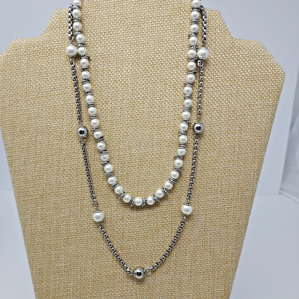 Double Strand Necklace Venetian Box Chain Faux Pearl Metal Bead Silver Tone 18"